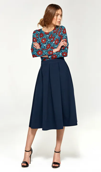 Granatowa spódnica midi z zakładkami