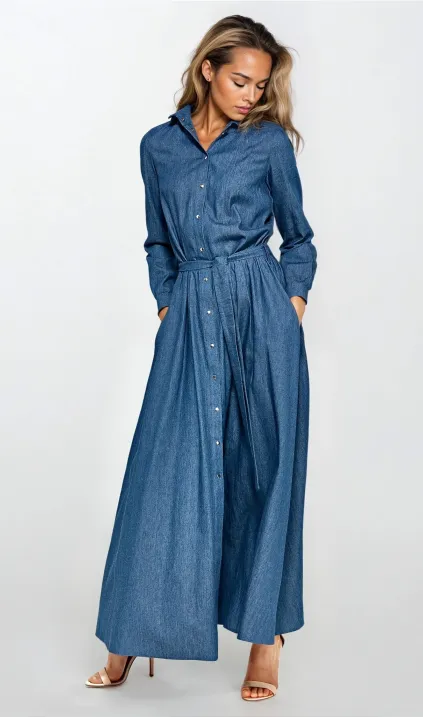 Jeansowa sukienka maxi z długim rękawem