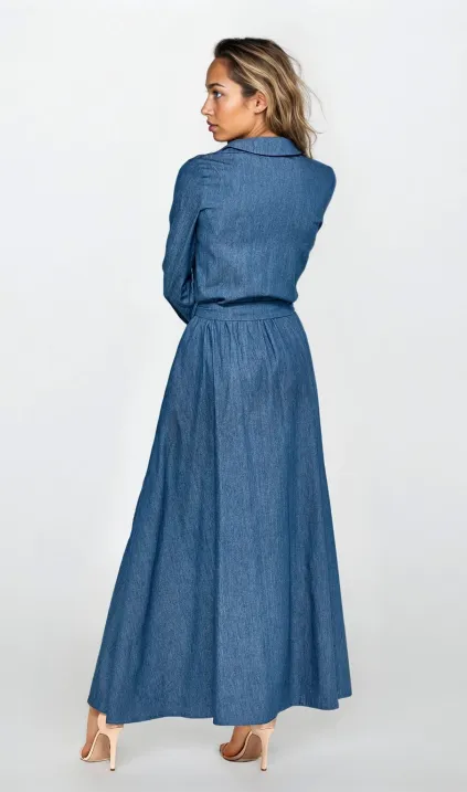 Jeansowa sukienka maxi z długim rękawem
