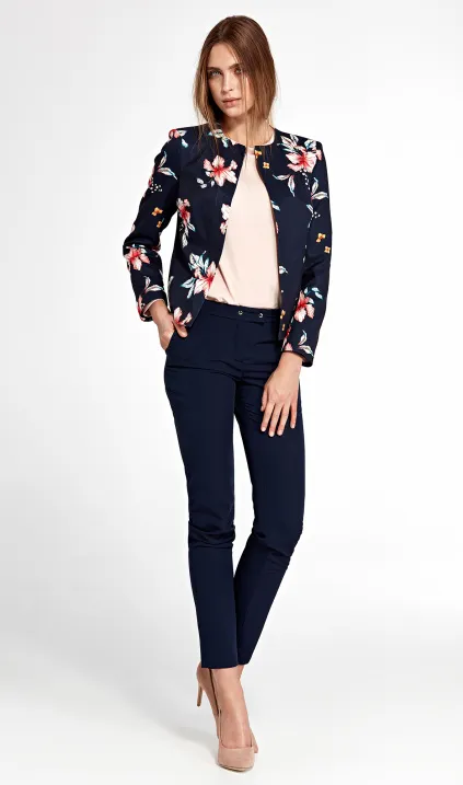 Krótki granatowy żakiet w kwiaty