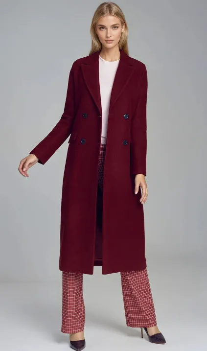 Elegancki bordowy płaszcz dwurzędowy
