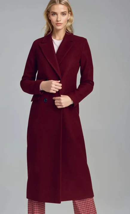 Elegancki bordowy płaszcz dwurzędowy