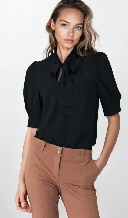 Elegant black blouse with a tie on the neckline