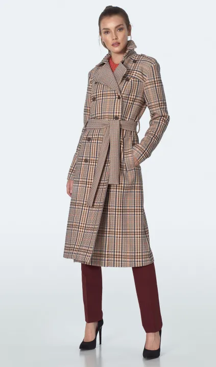 Double breasted chequered beige coat with strap