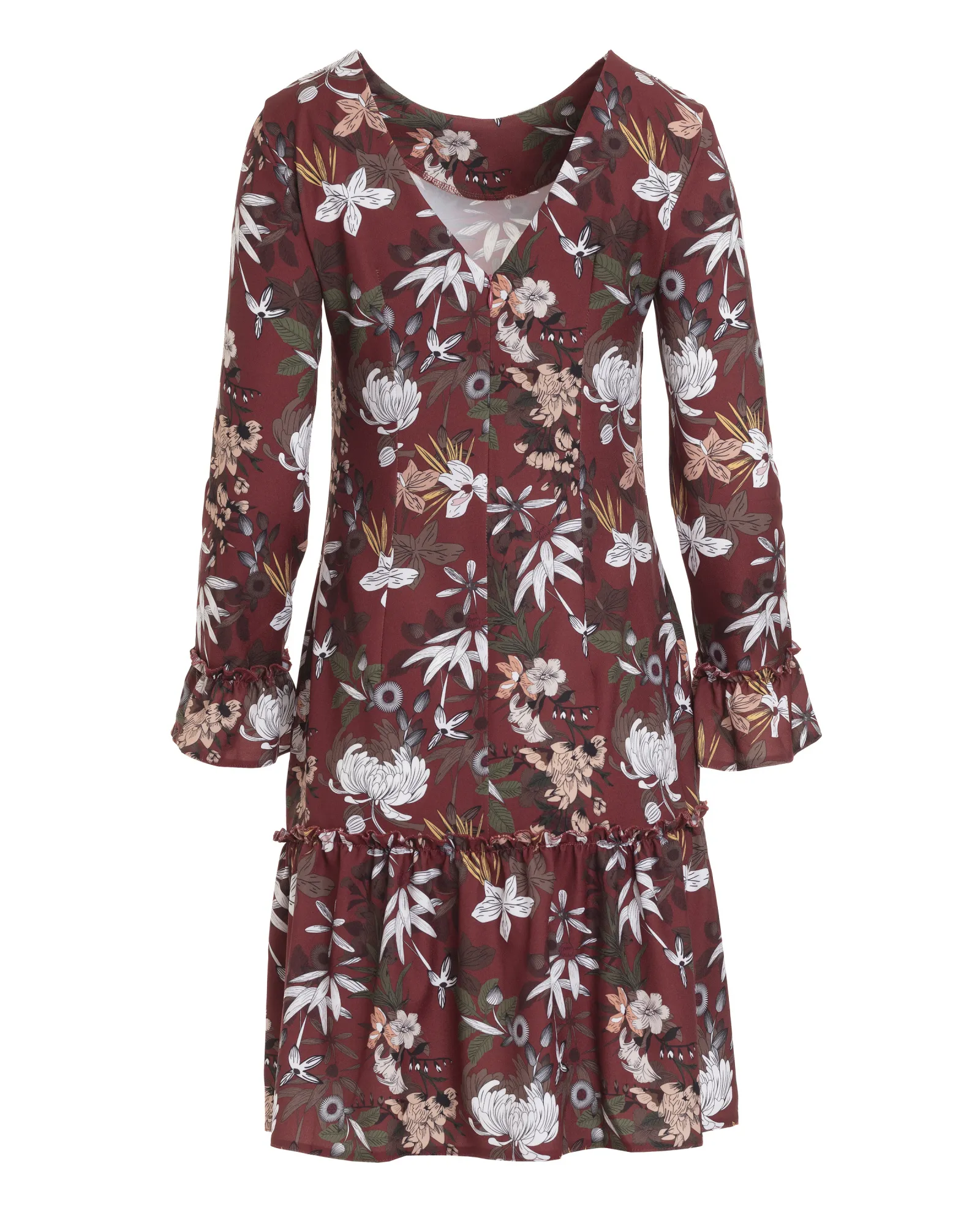 patroon defect Kauwgom Burgundy dress with a frill in flowers pattern - Nife