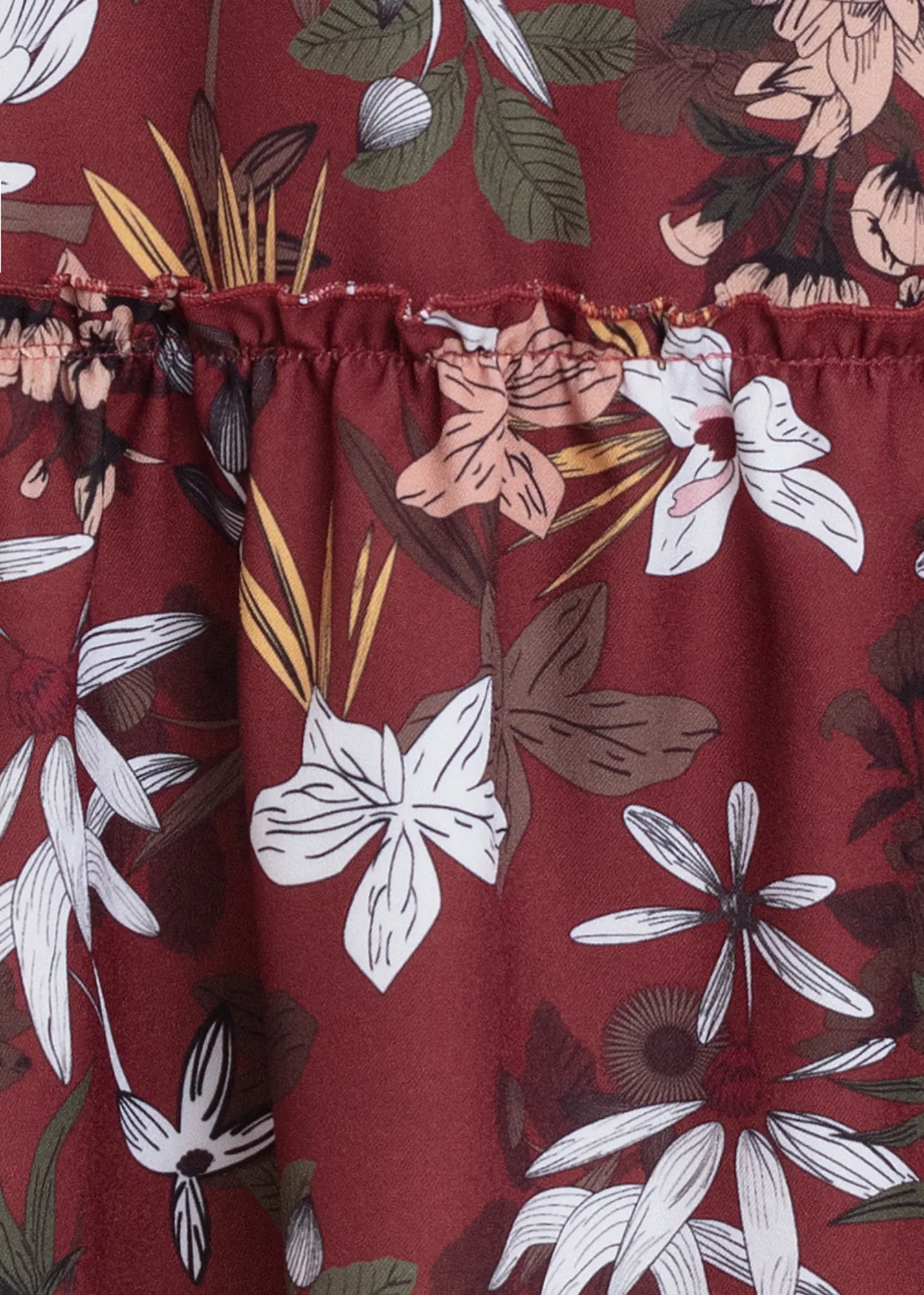 patroon defect Kauwgom Burgundy dress with a frill in flowers pattern - Nife
