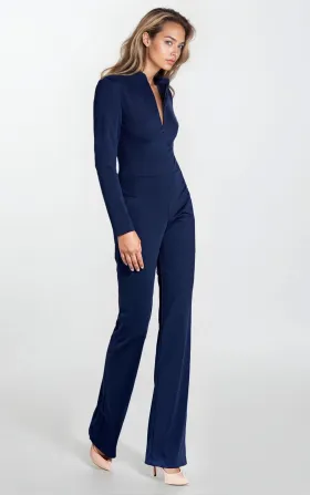 Navy jumpsuit with zip at neckline