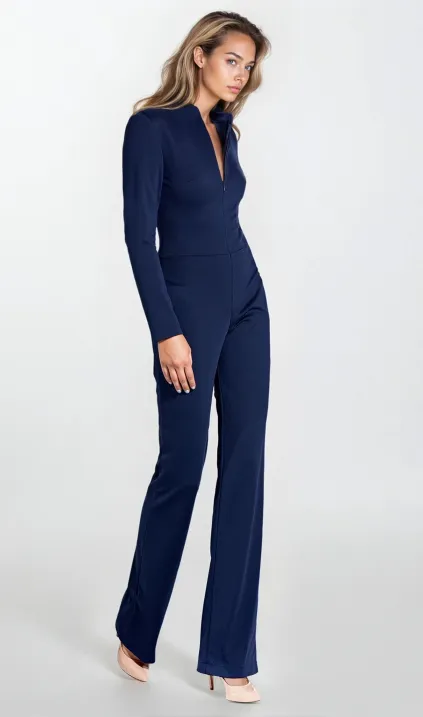 Granatowy kombinezon z zamkiem na dekolcie 