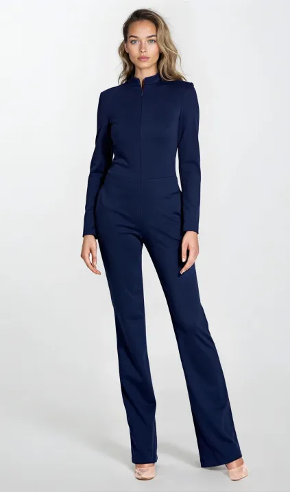 Navy jumpsuit with zip at neckline