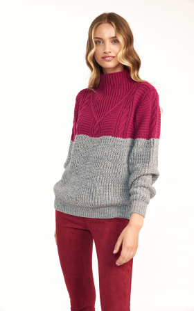 Dwukolorowy sweter - malina/szary