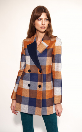 Short coat with multicolour square pattern