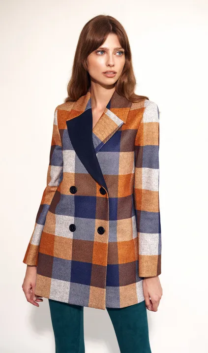 Short coat with multicolour square pattern