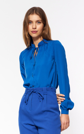 Blouse with tied neckline in cornflower colour