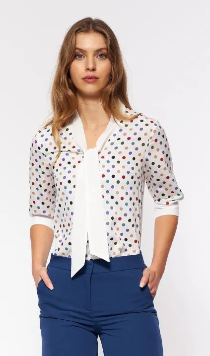 Subtelna bluzka z wiązaniem - ecru/fiolet