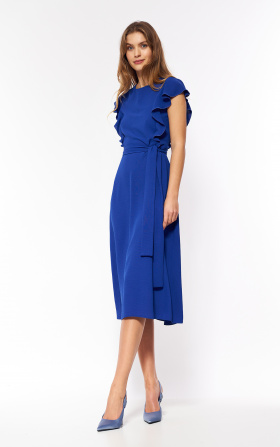 Dress in cornflower colour with ruffles on the shoulder