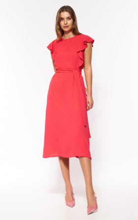 Coral dress with ruffles on the shoulder