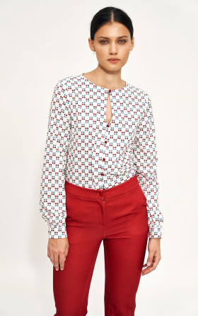 Patterned blouse with tear neckline