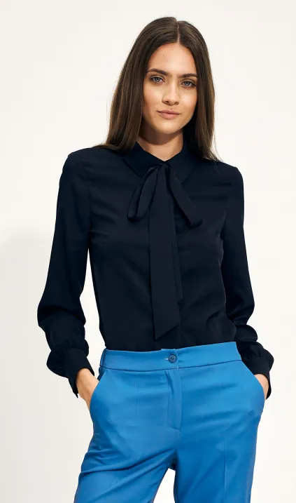 Blouse with a bow in navy blue colour