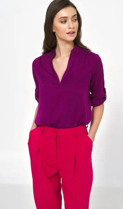 Purple viscose blouse with roll-up sleeve