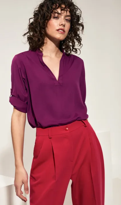 Wiskozowa purpurowa bluzka z podwijanym rękawem