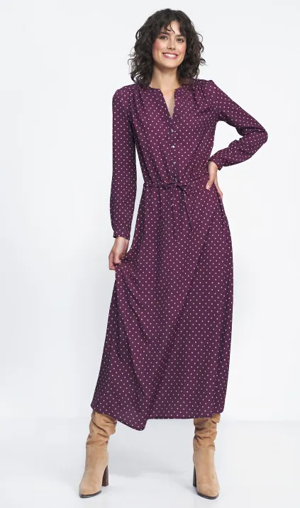 Długa bordowa sukienka w grochy
