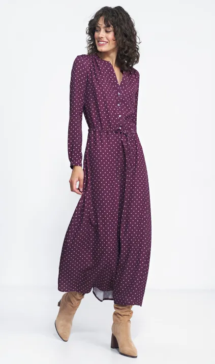 Długa bordowa sukienka w grochy