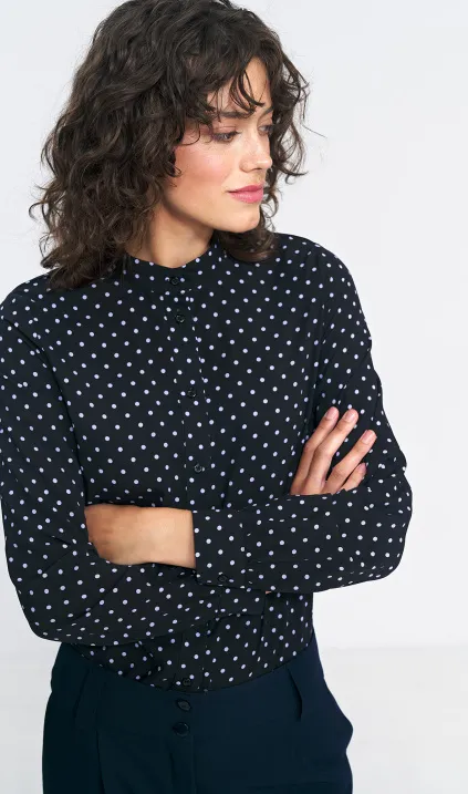 Czarna bluzka na stójce w groszki