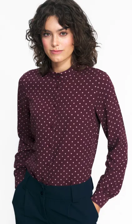 Bordowa bluzka na stójce w groszki