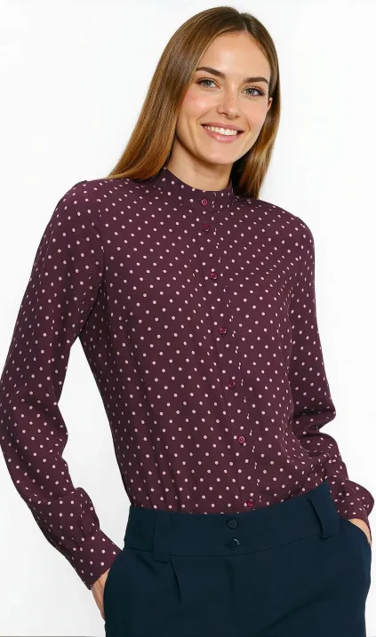 Bordowa bluzka na stójce w groszki