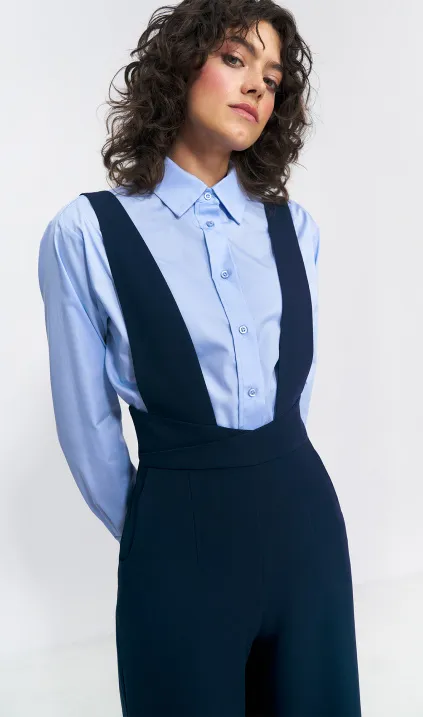 Navy blue overall with suspenders