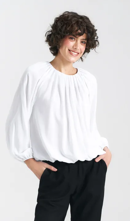 Bluzka o luźnym kroju z ozdobnym dekoltem - ecru