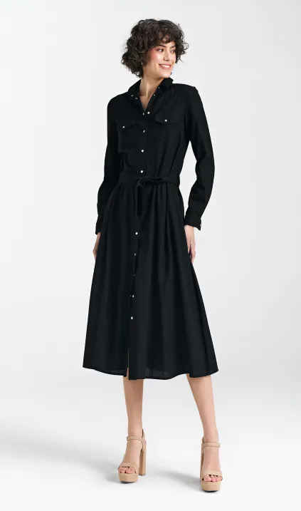 Sukienka lniana, zapinana na napy - czarny