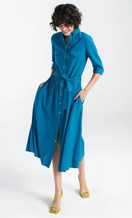 Sukienka lniana, zapinana na napy - niebieski