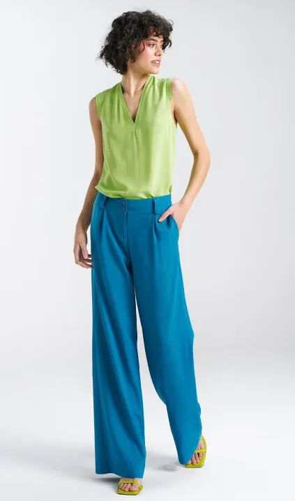 Spodnie lniane, wide leg - niebieski
