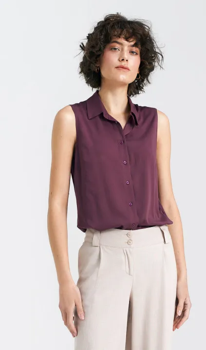 Bluzka bez rękawów, z kołnierzykiem - śliwkowy