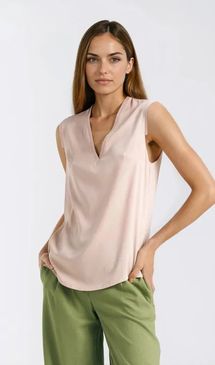 Bluzka bez rękawów, z dekoltem V - beżowy