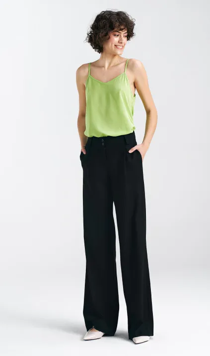 Spodnie lniane, wide leg - czarny
