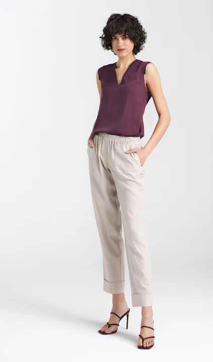 Spodnie lniane, z gumką w pasie - beż