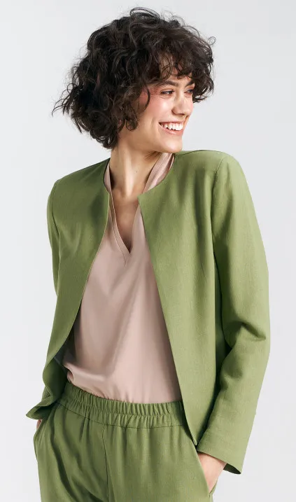 Żakiet typu chanel, lniany - zielony/pistacjowy