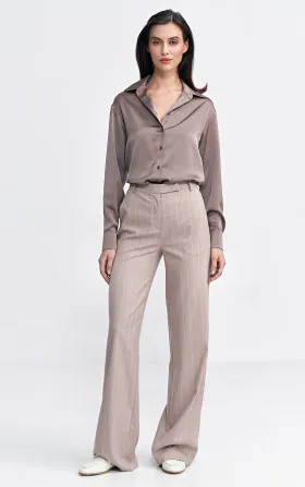 Spodnie bootcut, z krytym guzikiem, prążek - beż