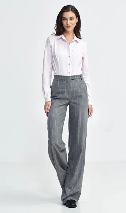 Spodnie bootcut, z krytym guzikiem, prążek - szary