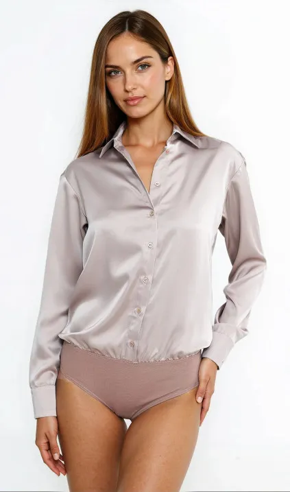 Satynowa koszula body - beż