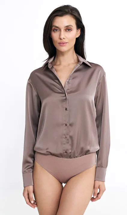 Satynowa koszula body - mocca