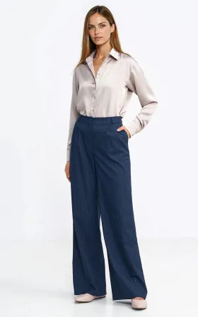 Trousers with pleats, wide leg, striped - navy blue