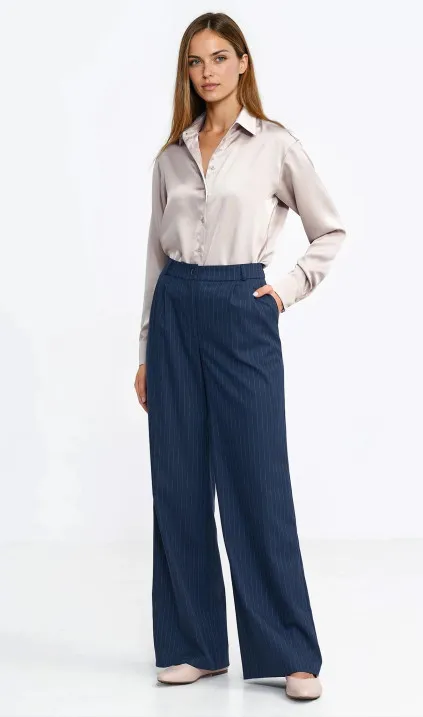 Spodnie z zakładkami, wide leg, prążek - granat