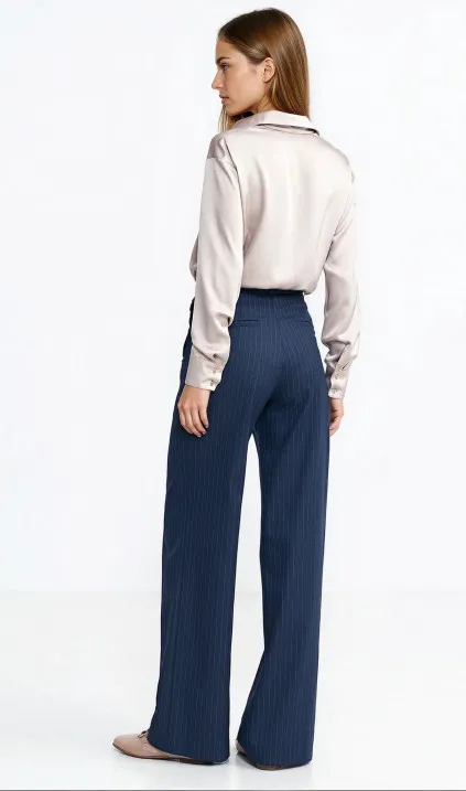 Spodnie z zakładkami, wide leg, prążek - granat