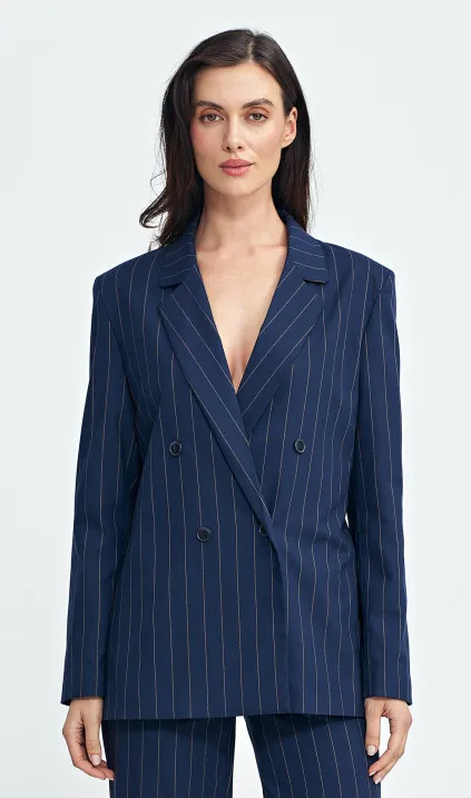 Oversize, double-breasted jacket, striped - navy blue