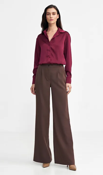 Spodnie z zakładkami, wide leg - brąz