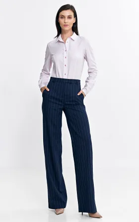 Spodnie bootcut, z krytym guzikiem, prążek - granat