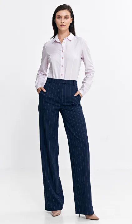 Spodnie bootcut, z krytym guzikiem, prążek - granat